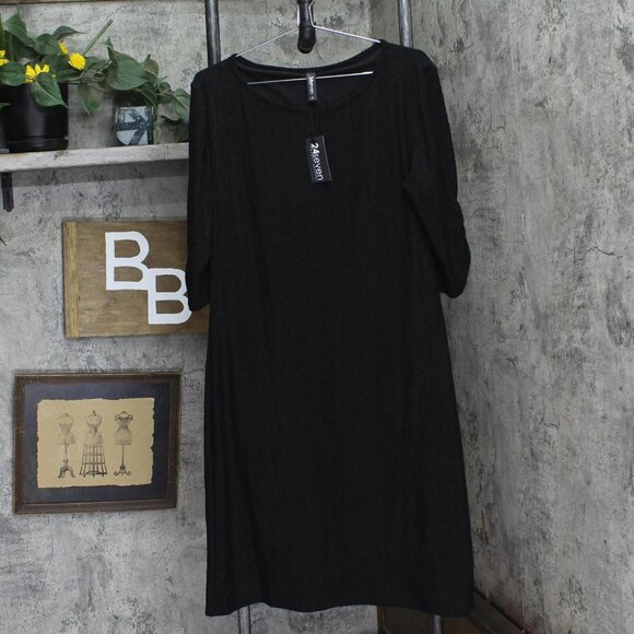 NWT 24Seven Comfort Apparel Womens Shiny Knit Ruched 3/4 Sleeve Dress Black 1X - Picture 1 of 5